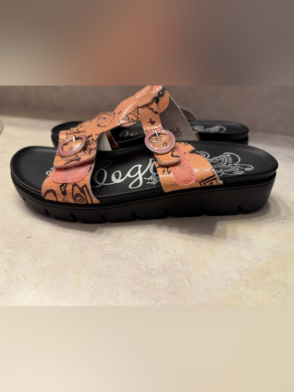 Alegria Peach Print Crossover Slide Sandals with Black Footbed